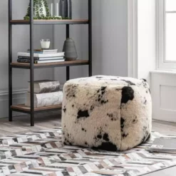 Dunelm Faux Cow Hide Black Pouffe
