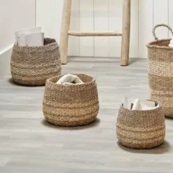 Pacific Lifestyle Set Of 3 Woven Natural Seagrass & Palm 2-Toned Round Baskets