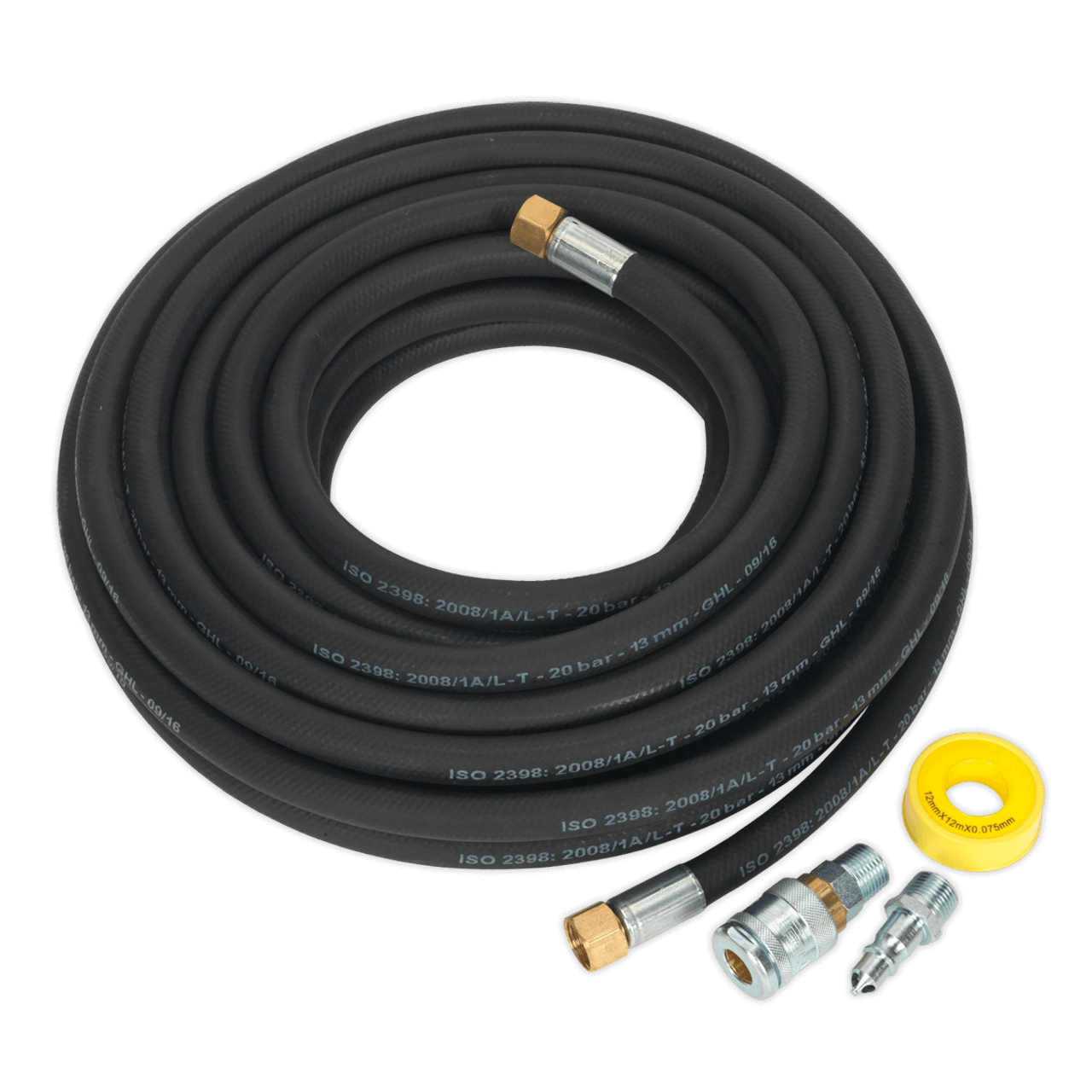 Sealey AHK04 Air Hose Kit 15m X Ø13mm High Flow With 100 Series Adaptors 1 Sealey AHK04 Air Hose Kit 15m X Ø13mm High Flow With 100 Series Adaptors