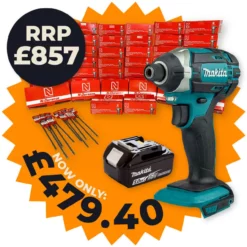 Makita DTD152Z 18V Impact Driver With 1x 5.0Ah Battery & Concrete Frame Screw Pack, 72 - 152mm (5000 Mixed Pack)