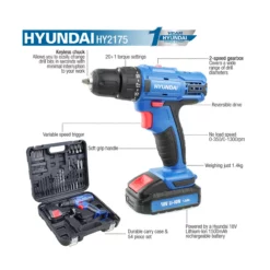 Hyundai HY2175 18V Cordless Drill With 54 Piece Drill Accessory Kit & 1.5Ah Battery -Dunelm Sales Store HY2175 FEATURES 34310.1663689888