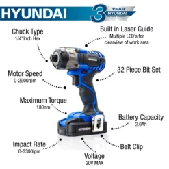 Hyundai HY2177 20V Max 180Nm Cordless Impact Driver With A 32-Piece Drill Bit Accessory Set & 1x 2.0Ah Battery -Dunelm Sales Store HY2177 I 36535.1674224505