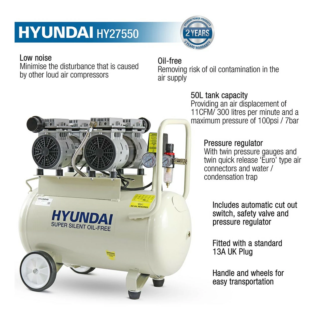 Hyundai HY27550 50 Litre Silenced Air Compressor 2 Hyundai HY27550 50 Litre Silenced Air Compressor - Image 2