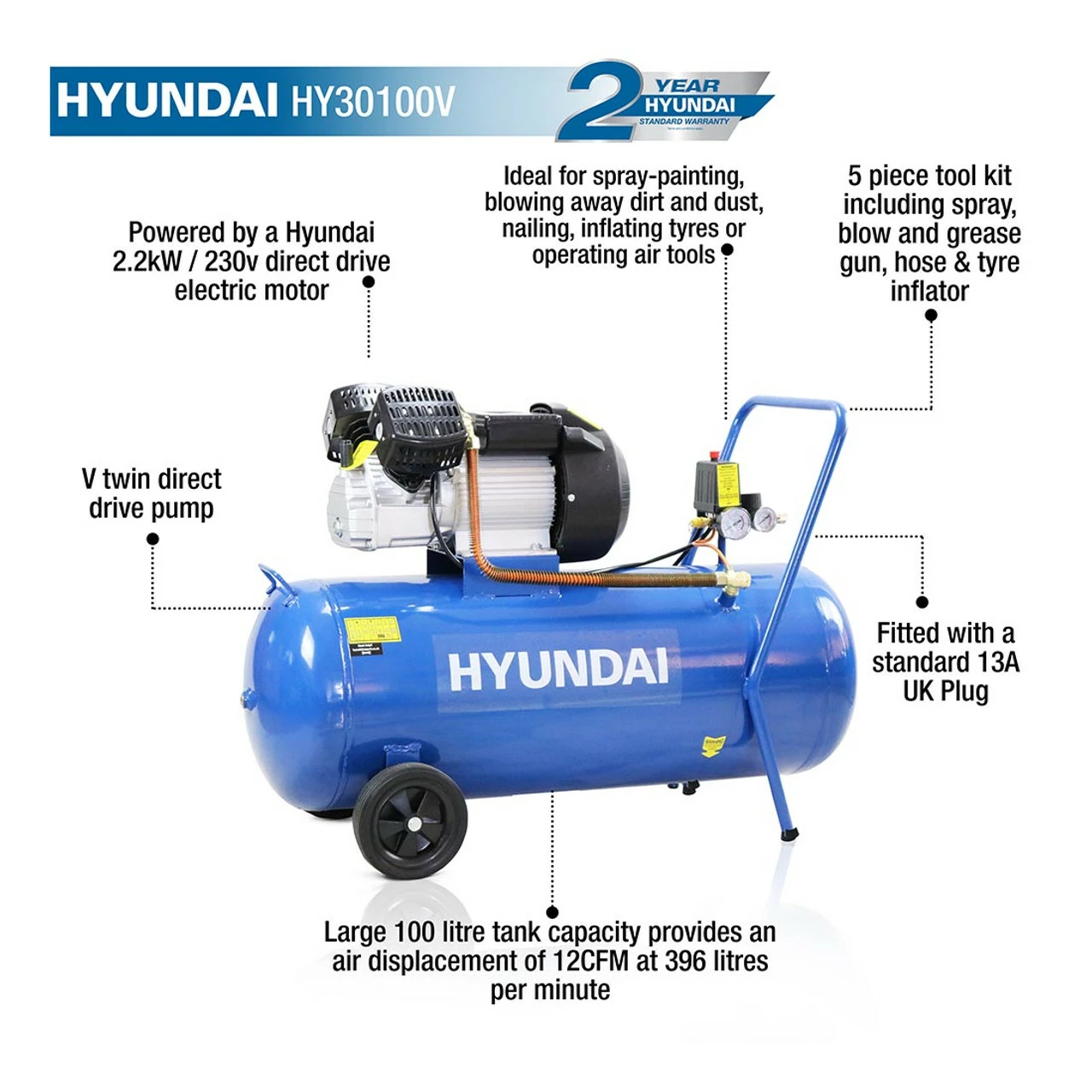 Hyundai HY30100V 100 Litre V-Twin Direct Drive Air Compressor 2 Hyundai HY30100V 100 Litre V-Twin Direct Drive Air Compressor - Image 2