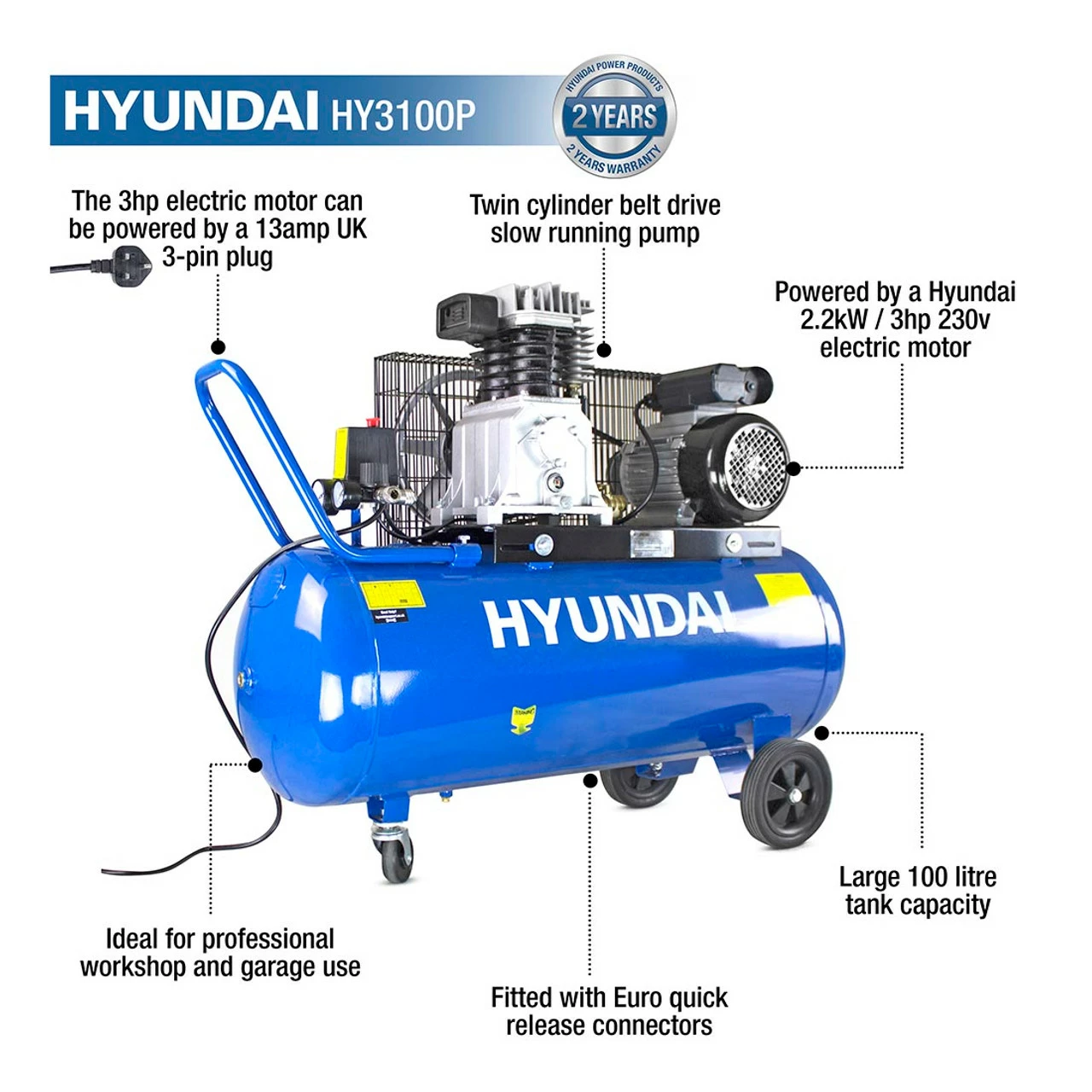 Hyundai HY3100P 100 Litre Belt Drive Air Compressor 2 Hyundai HY3100P 100 Litre Belt Drive Air Compressor - Image 2