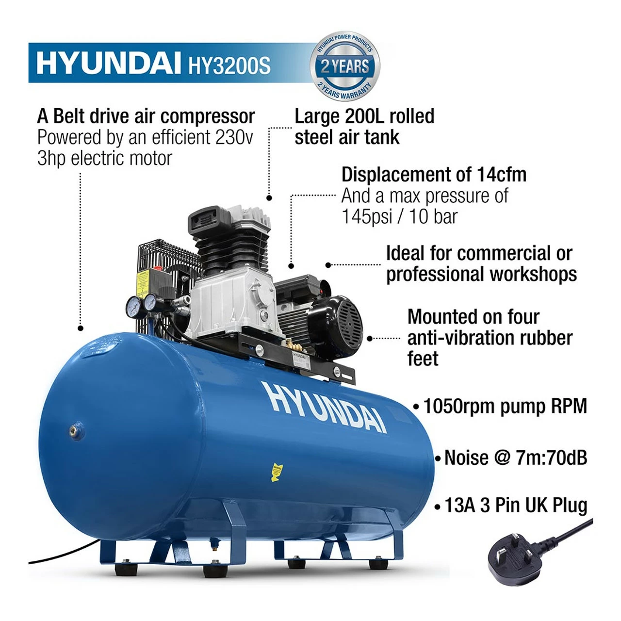 Hyundai HY3200S 200L Floor-Mounted Belt Drive Air Compressor 3hp 230V 2 Hyundai HY3200S 200L Floor-Mounted Belt Drive Air Compressor 3hp 230V - Image 2