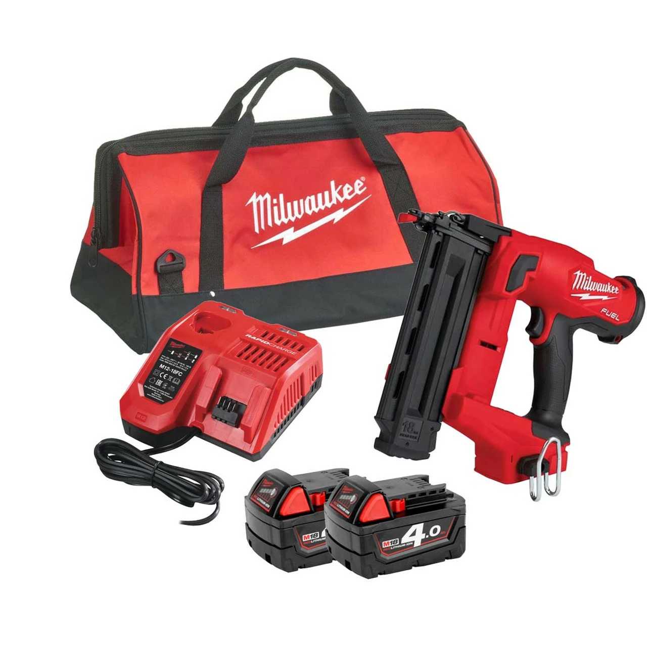 Milwaukee M18 FN18GS-402X 18V Fuel Straight Second Fix Nail Gun With 2x 4.0Ah Batteries 1 Milwaukee M18 FN18GS-402X 18V Fuel Straight Second Fix Nail Gun With 2x 4.0Ah Batteries