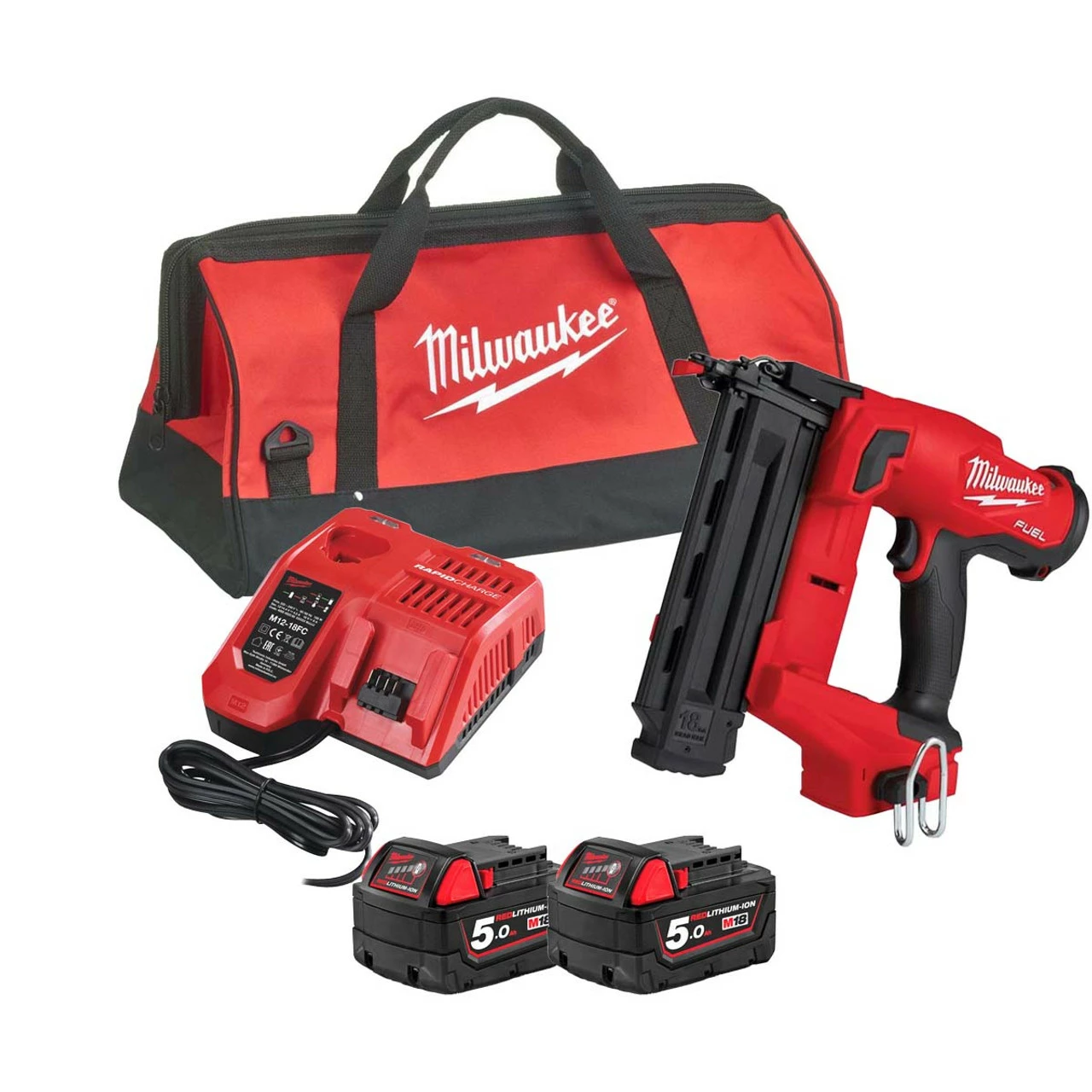Milwaukee M18 FN18GS-502X 18V Fuel Straight Second Fix Nail Gun With 2x 5.0Ah Batteries 1 Milwaukee M18 FN18GS-502X 18V Fuel Straight Second Fix Nail Gun With 2x 5.0Ah Batteries