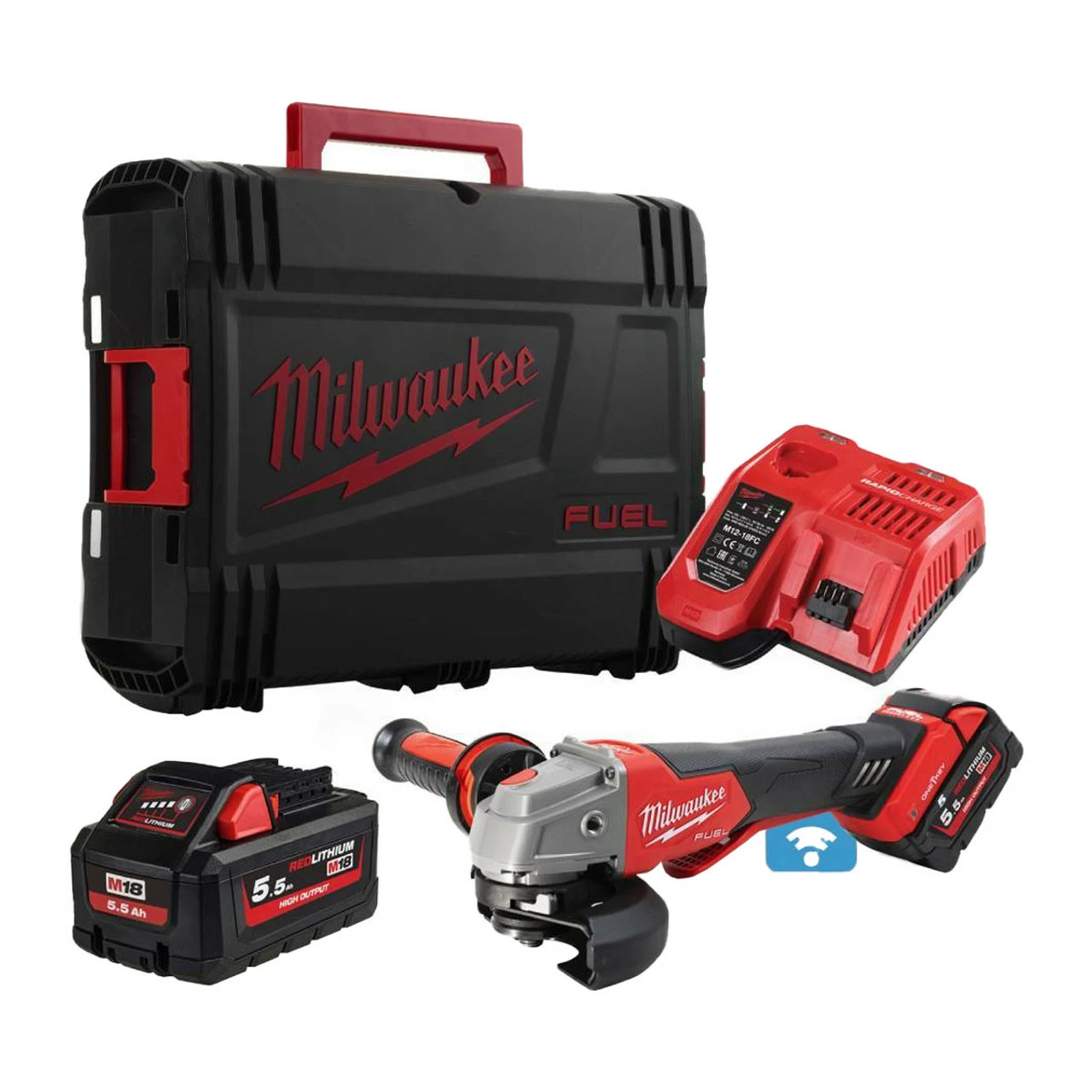 Milwaukee M18 ONEFSAG115XPDB-552X 18V Cordless One-Key 115mm Angle Grinder With 2x 5.5Ah Batteries 1 Milwaukee M18 ONEFSAG115XPDB-552X 18V Cordless One-Key 115mm Angle Grinder With 2x 5.5Ah Batteries